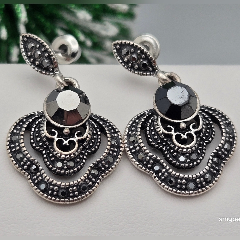Black Onyx & Marcasite Dangle Earrings Iridescent Center Stone